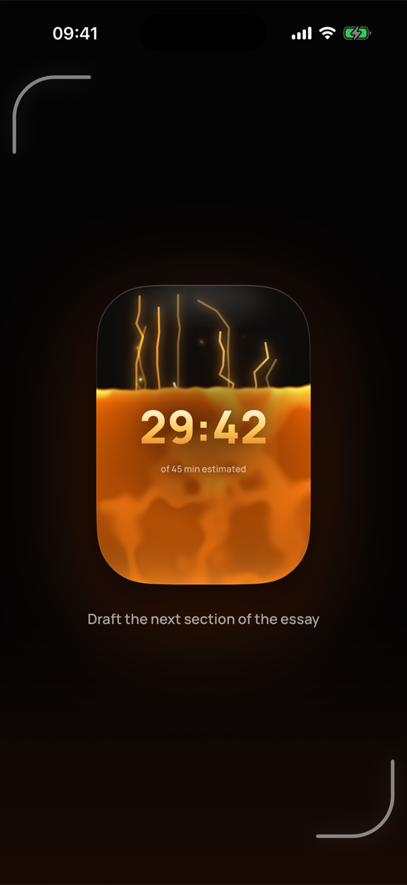 A focus session in Aurum: the crucible, a rounded block of glass, is filled two-thirds with glowing orange matter, the clock reads 29:42, and under it the session's intention reads “Draft the next section of the essay”.