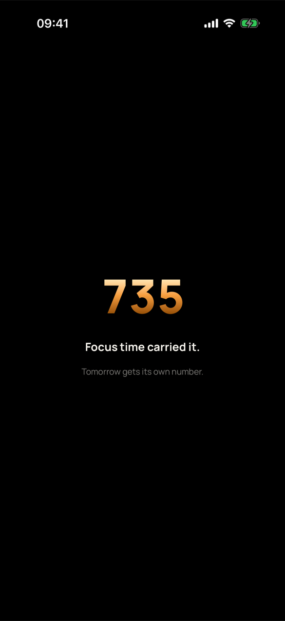 The closing frame of the day: the number 735 in molten gold on black, with the lines “Focus time carried it.” and “Tomorrow gets its own number.”